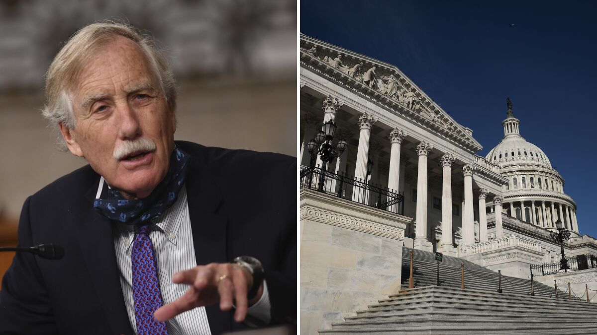 Senator speaking during a hearing paired with exterior view of the Capitol building amid government shutdown outrage.