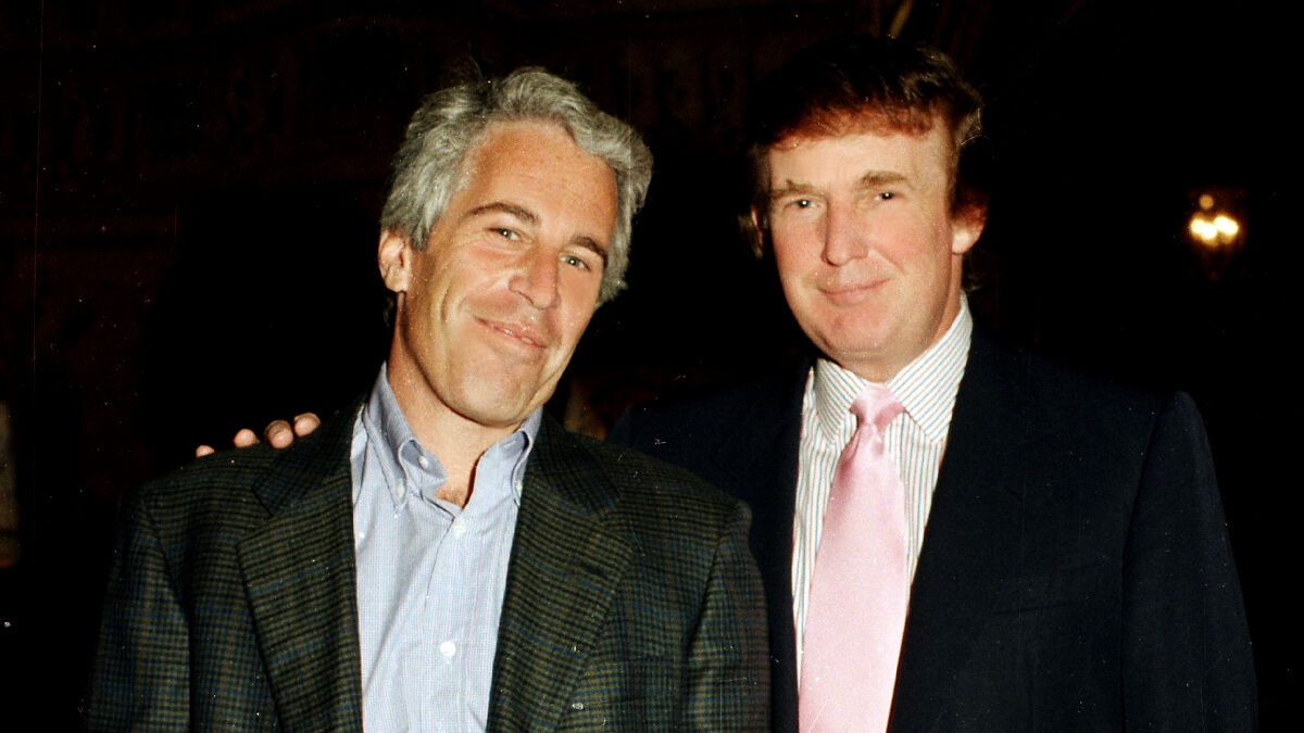 Jeffrey Epstein and Donald Trump posing together in a formal setting, highlighting Epstein called Trump maniac early dementia.