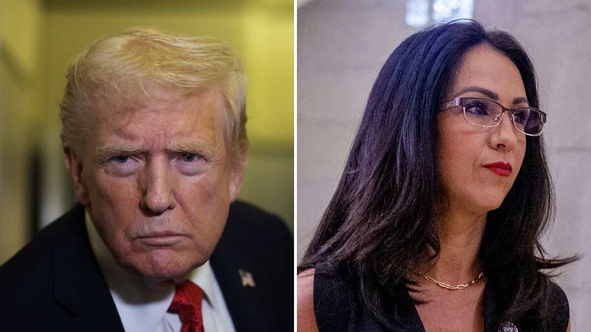 Donald Trump with serious expression and Lauren Boebert wearing glasses and red lipstick in separate portraits.