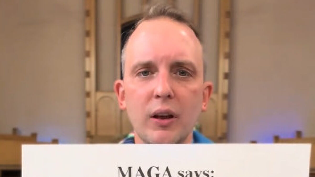 Reverend speaking against MAGA, using Bible verses to oppose conservative views in a church setting.