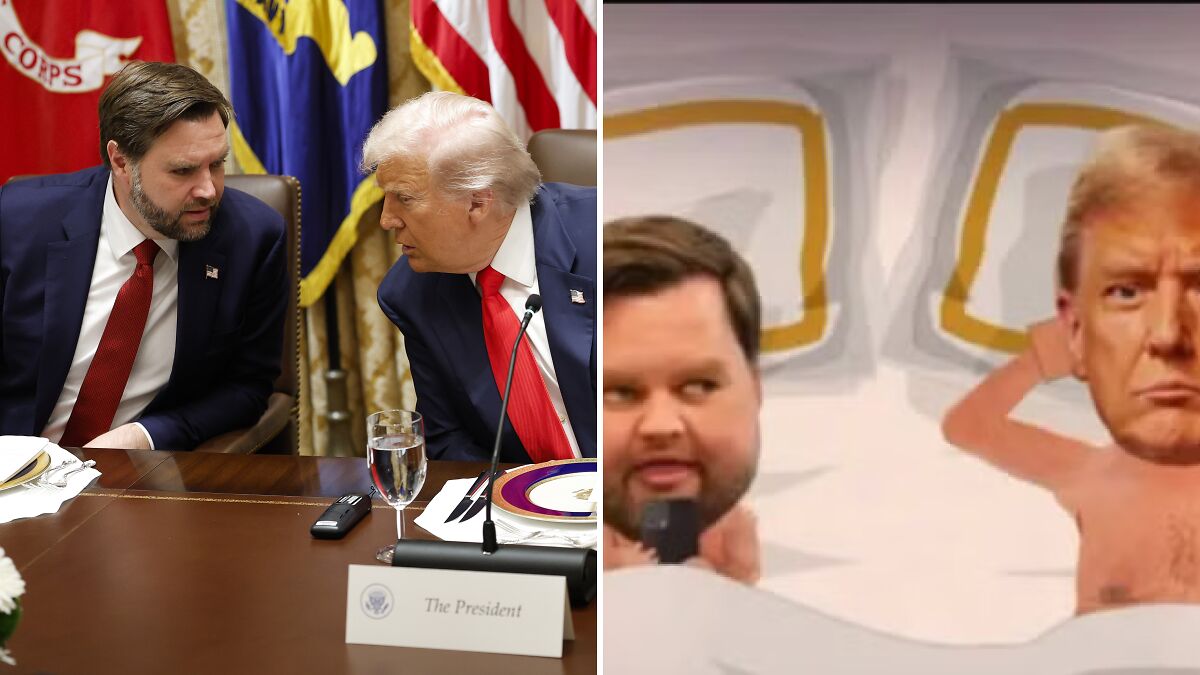 Real-life photo of Trump and JD Vance in discussion beside South Park animated scene depicting Trump and Vance in bed.