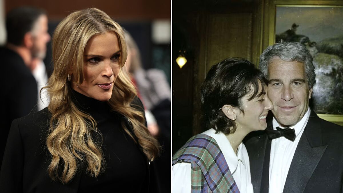 Megyn Kelly speaking at an event beside a vintage photo of Jeffrey Epstein with a woman, referencing Epstein claim child predator.