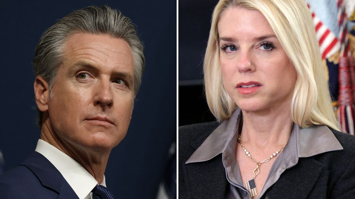 Gavin Newsom and a woman in a formal setting, discussing Californiau2019s new maps and related DOJ lawsuit issues.