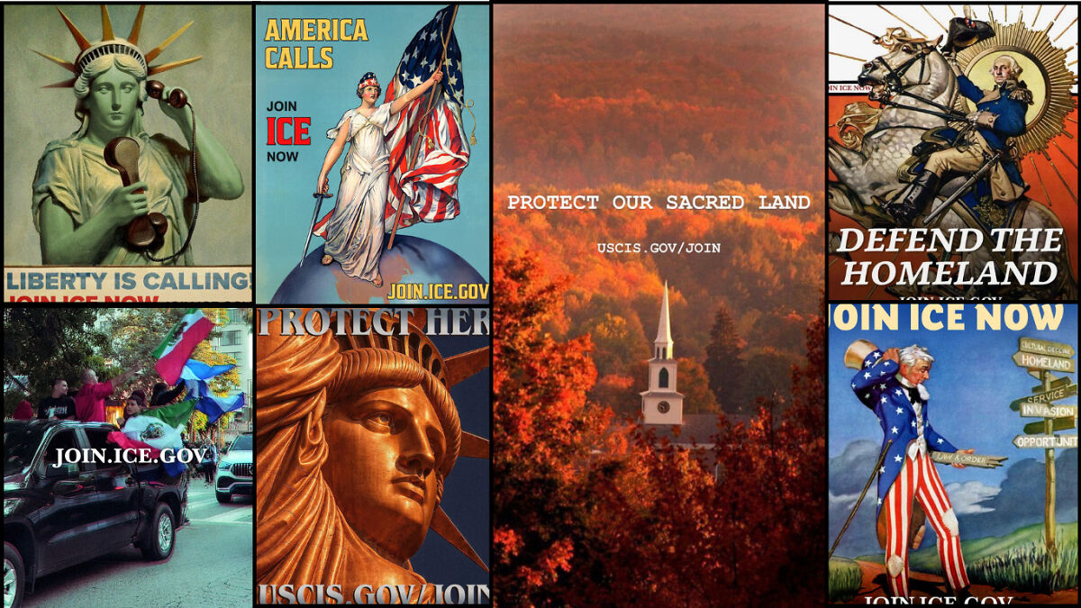 Collage of vintage style recruitment posters featuring ICE and patriotic American imagery promoting joining ICE.