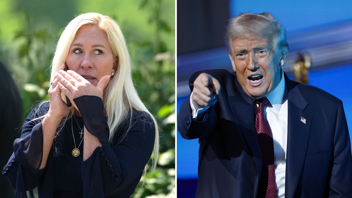 Marjorie Taylor Greene talking on phone outdoors and Donald Trump pointing while speaking at event