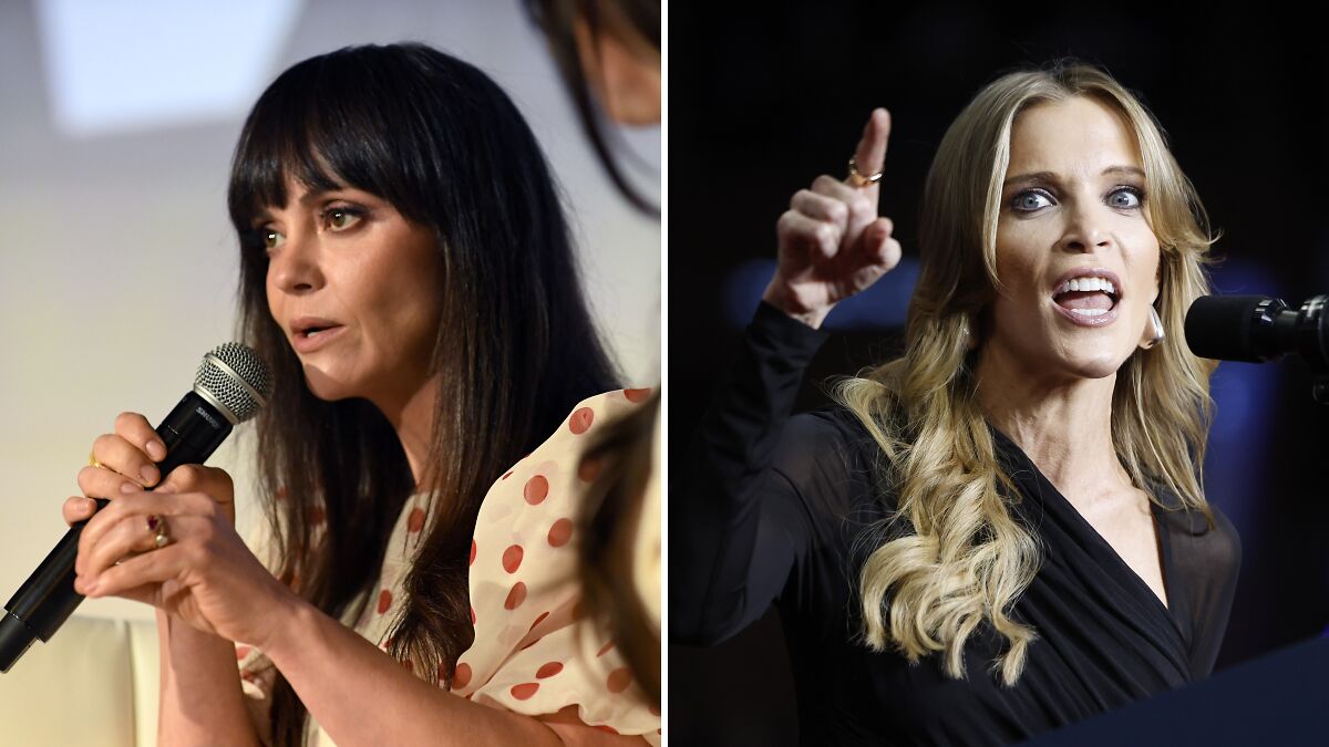 Christina Ricci speaking into microphone and Megyn Kelly gesturing during separate public appearances, media event.