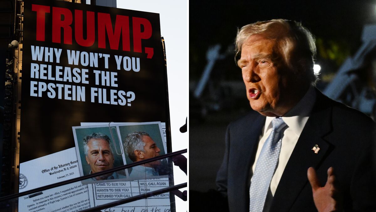 Protest sign demands Trump release Epstein files beside Trump speaking passionately outdoors at night.