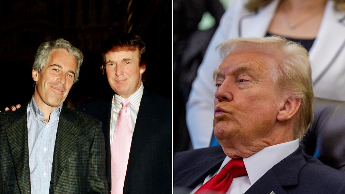 Donald Trump in a suit with red tie and Jeffrey Epstein in a blazer, related to Epstein files release and DOJ document deadline.