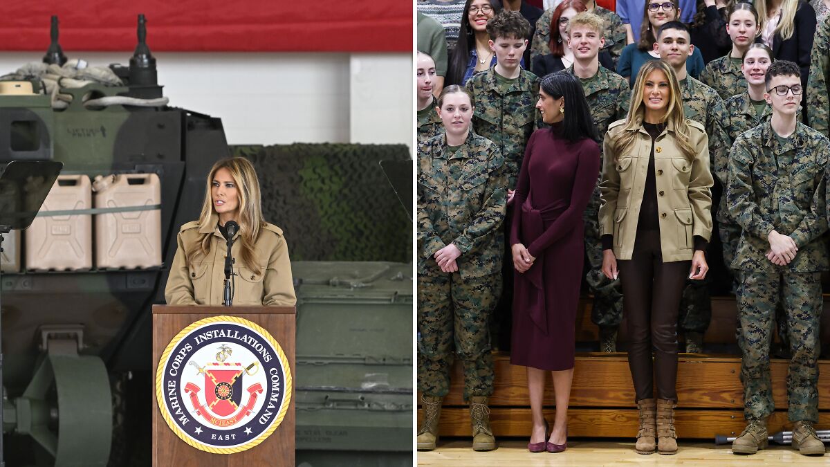 Melania Trump speaking at a podium and standing with troops during a military event, sparking public backlash.