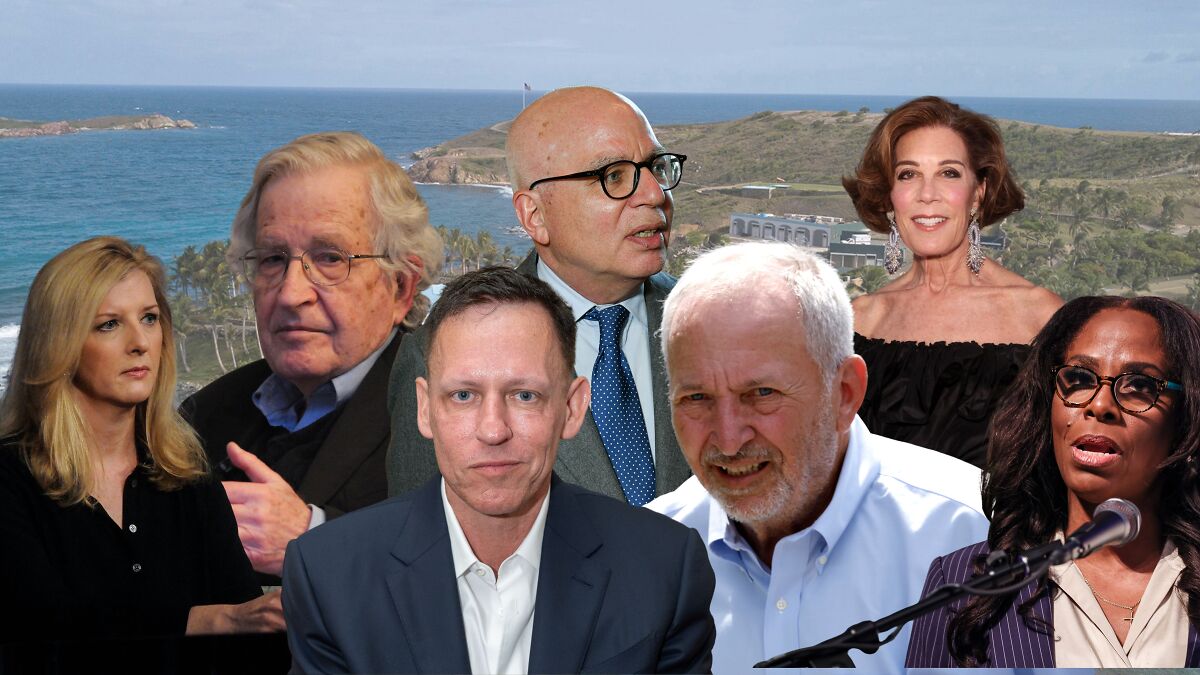 Group of influential people appearing in Epstein emails in a composite image with ocean and island background