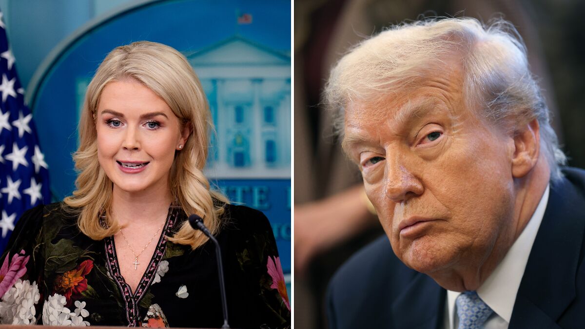 Karoline Leavitt speaking at podium and Donald Trump in a suit with main SEO keyword Trump respectful honest insult.