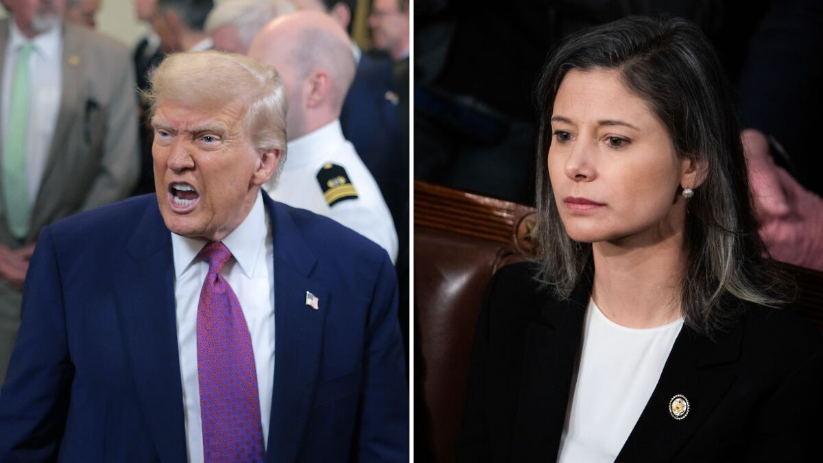 Former President Trump speaking angrily at event, Democratic woman listening seriously, political violence concerns.