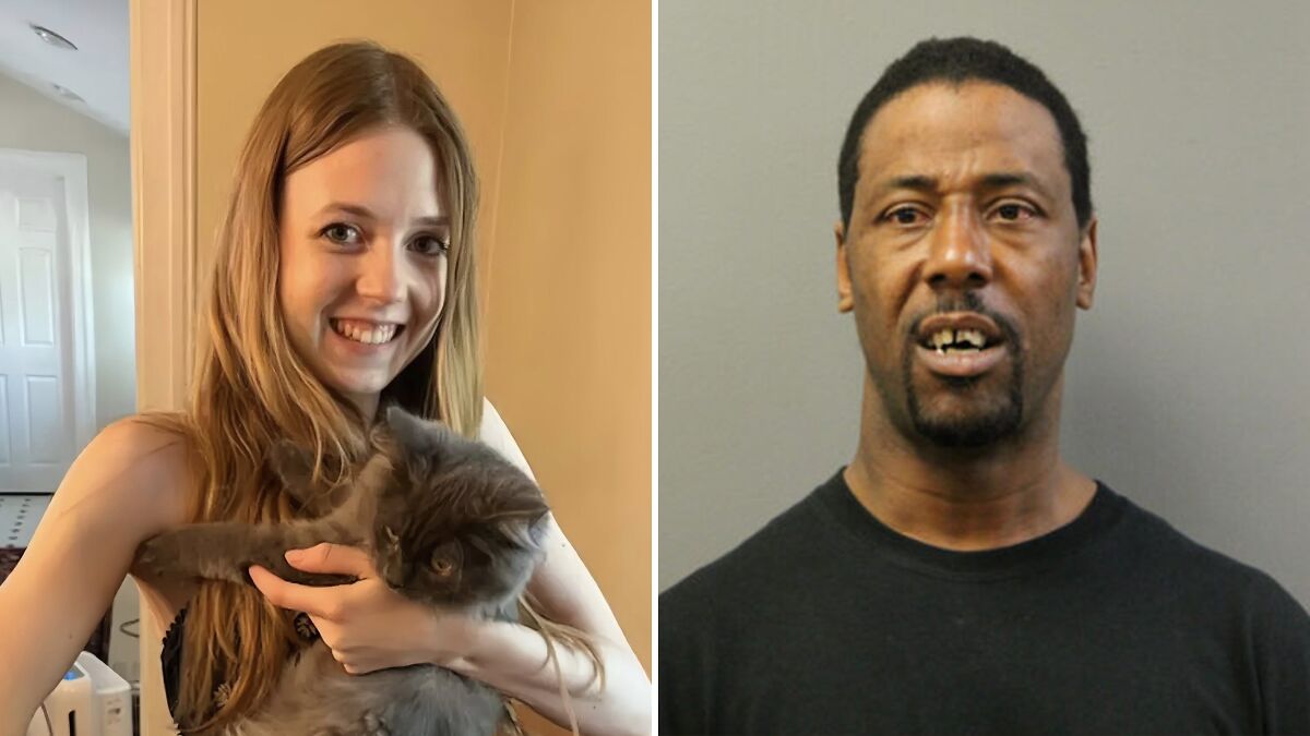 Bethany MaGee smiling and holding a cat next to a mugshot of a repeat offender in Chicago train attack case