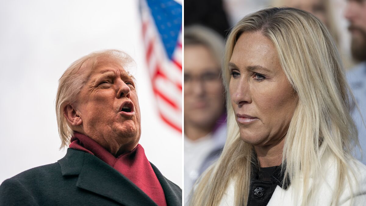 Donald Trump speaking passionately near US flag and Republican woman listening intently during GOP event discussion.