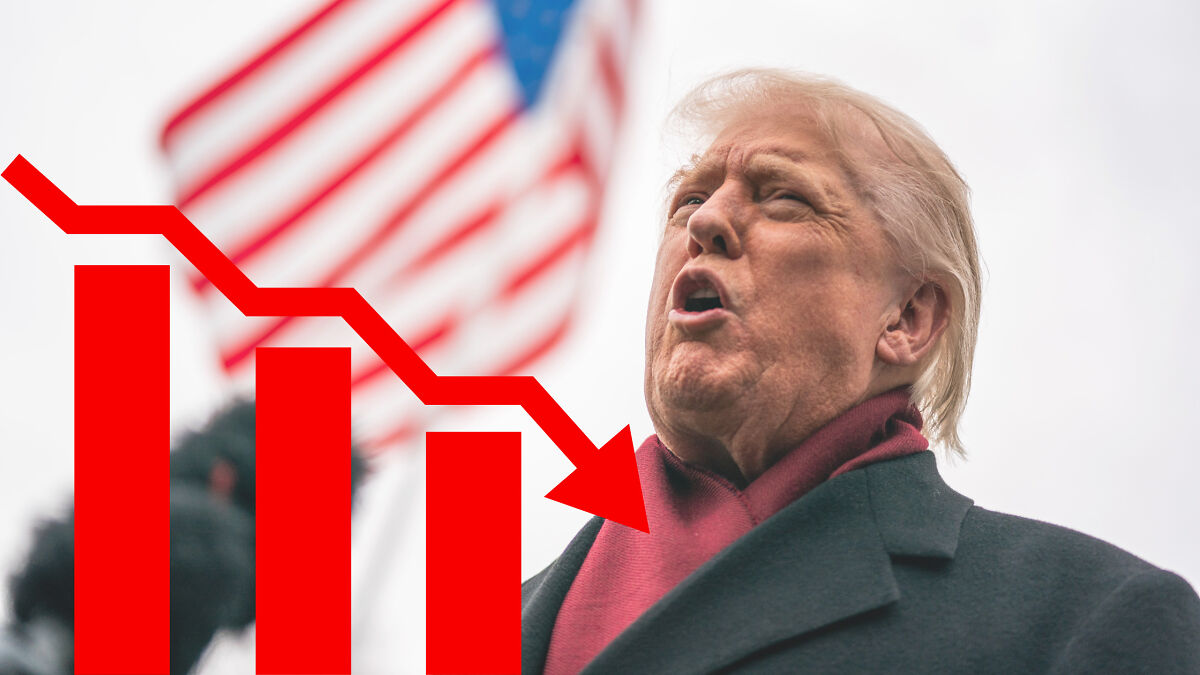Donald Trump speaking outdoors with American flag behind and declining approval rating graph overlay.