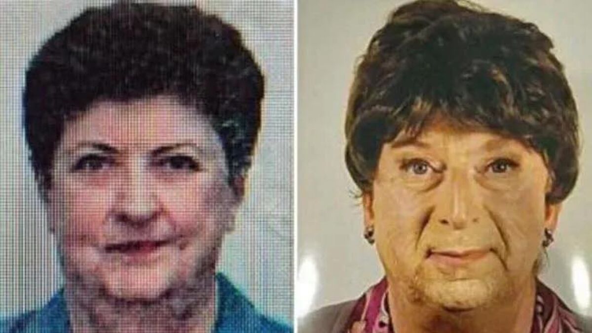 Side-by-side photos of a deceased woman and a man dressed as her in a Mrs Doubtfire style pension claim plot.
