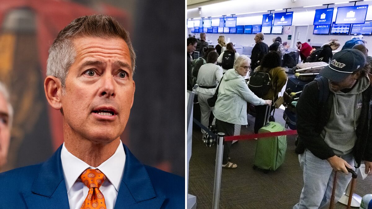Gavin Newsom speaking at a press event alongside a crowded airport with passengers waiting in line at check-in counters.