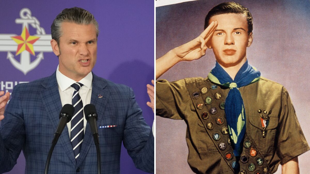 Gregg Hegseth speaking at a podium beside a vintage Boy Scouts member saluting, highlighting Boy Scouts and genderless issues.