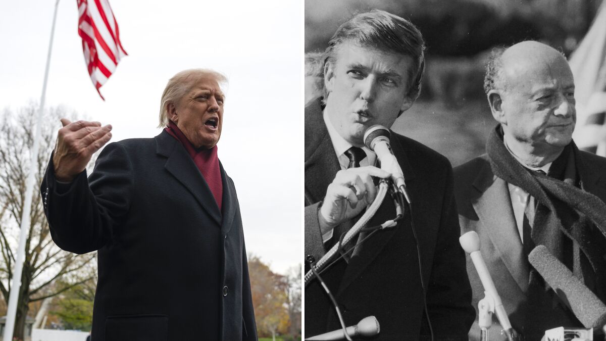 Donald Trump speaking outdoors near a flag, and a vintage photo of him discussing a New York skyscraper battle.