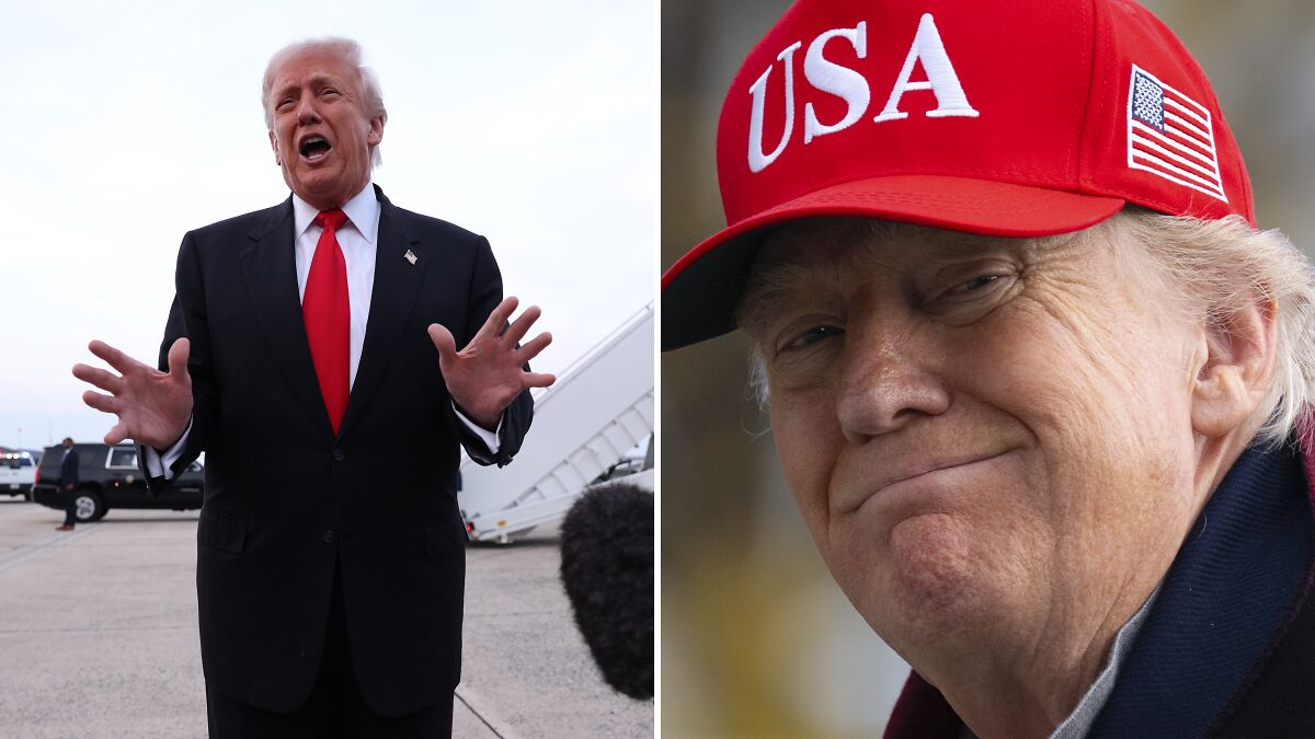 Donald Trump speaking outdoors in a suit and red tie, and smiling close-up wearing a red USA hat in divided image.