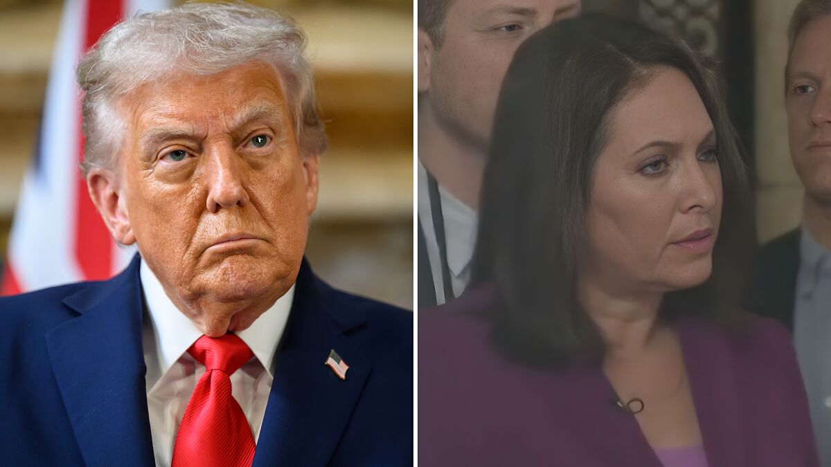Former President Trump in a suit and red tie, speaking to a female reporter during an Afghan shooter exchange.