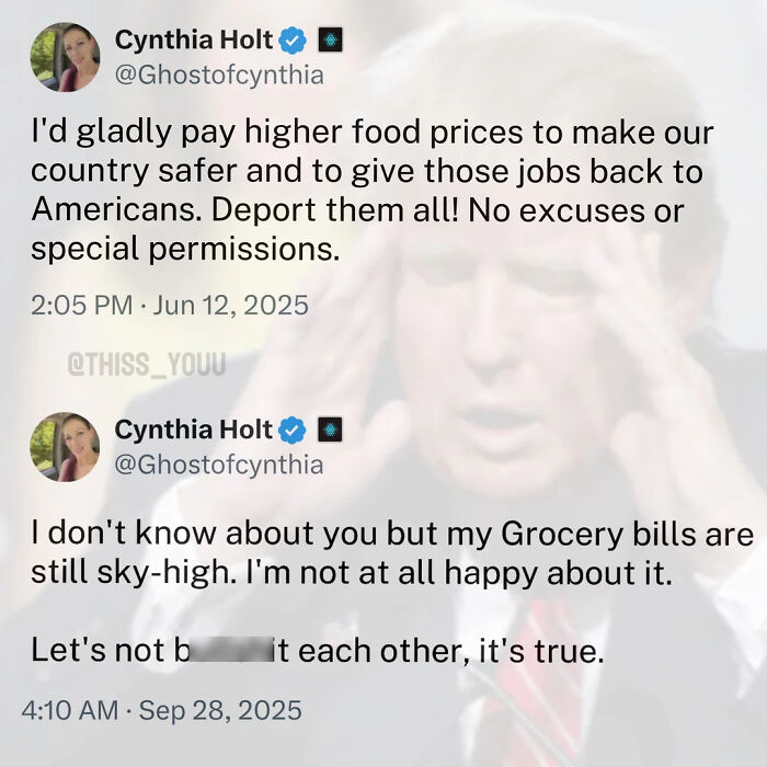 Screenshot of a tweet discussing rising food costs and grocery bills amid MAGA fans' complaints with a faded image of a man in the background.