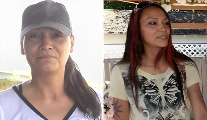 Two women shown side by side representing remains of missing Indigenous woman found after a***e settlement.