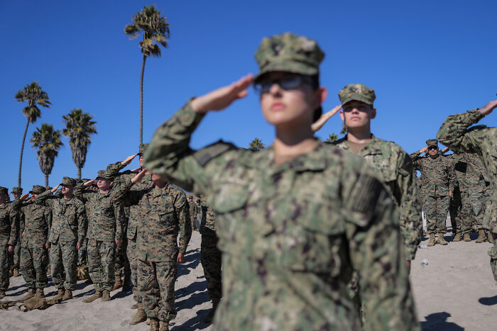 U.S. military personnel in camouflage uniforms salute during an outdoor event under clear blue sky with palm trees nearby. U.S. military personnel in camouflage uniforms salute during an outdoor event under clear blue sky with palm trees nearby.