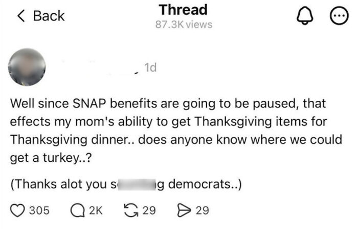 Social media thread showing MAGA son complaining about mom needing SNAP benefits for Thanksgiving dinner.