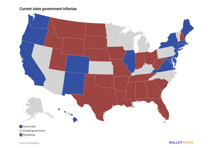 Map of US states color-coded by current government trifectas showing Democratic, Republican, and divided control for social media roasts Tomi Lahren. Map of US states color-coded by current government trifectas showing Democratic, Republican, and divided control for social media roasts Tomi Lahren.