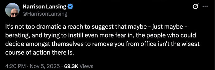 Tweet from Harrison Lansing discussing fears about removal from office, highlighting reactions to Trump's comments on JD Vance. Tweet from Harrison Lansing discussing fears about removal from office, highlighting reactions to Trump's comments on JD Vance.