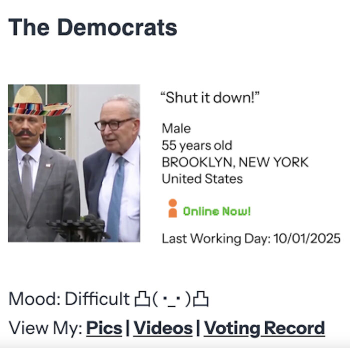 White House trolls Dems with MySafeSpace page showing a satirical profile of political figures in shutdown spat White House trolls Dems with MySafeSpace page showing a satirical profile of political figures in shutdown spat