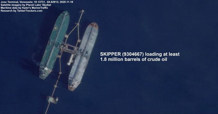 Aerial view of oil tanker loading 1.8 million barrels of crude oil near Venezuela, related to Trump admin capture footage.