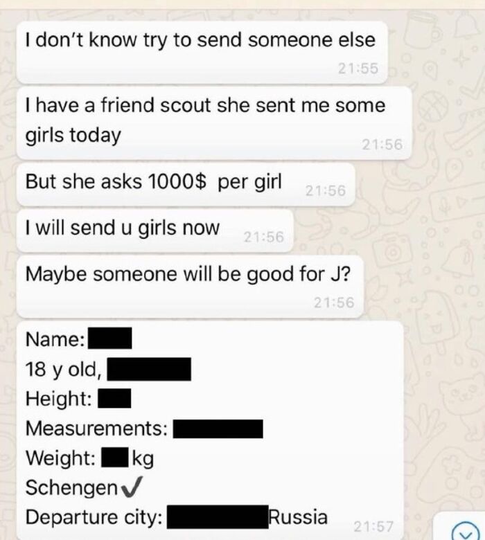 Screenshot of a chat discussing sending girls with details, related to Epstein files and warnings for Pam Bondi.