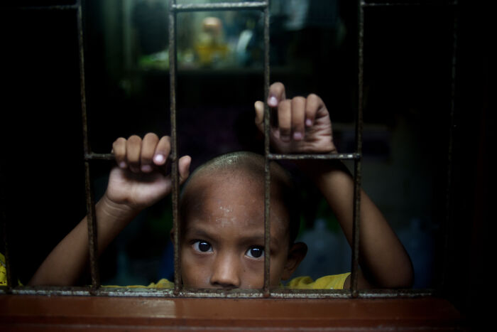 Young child gripping metal bars, looking through window with a concerned expression, related to disturbing auction house offer.