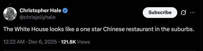 Screenshot of a tweet describing the White House update as a cheap tacky hotel amid Trump’s renovation spree.