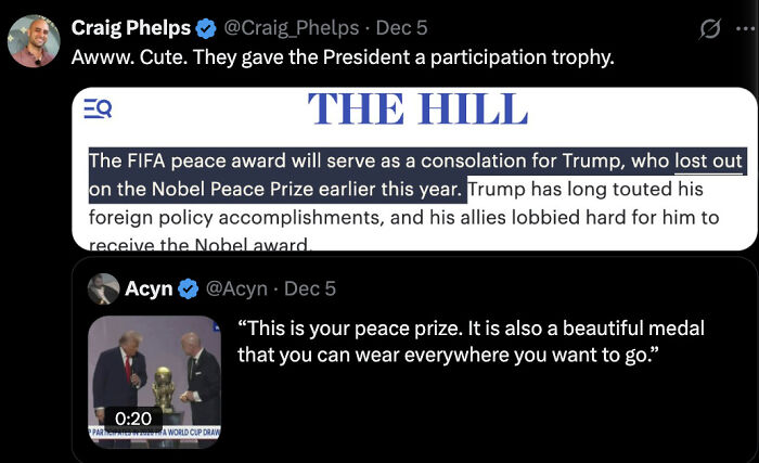 Tweet showing a meme about Trump&rsquo;s peace prize participation trophy after missing the Nobel Peace Prize award.