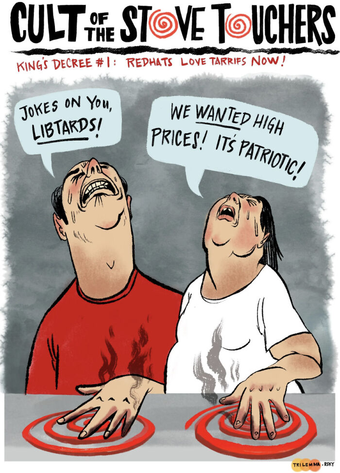 Cartoon showing two frustrated MAGA voters complaining about high grocery prices and tariffs in 2024 and 2025. Cartoon showing two frustrated MAGA voters complaining about high grocery prices and tariffs in 2024 and 2025.