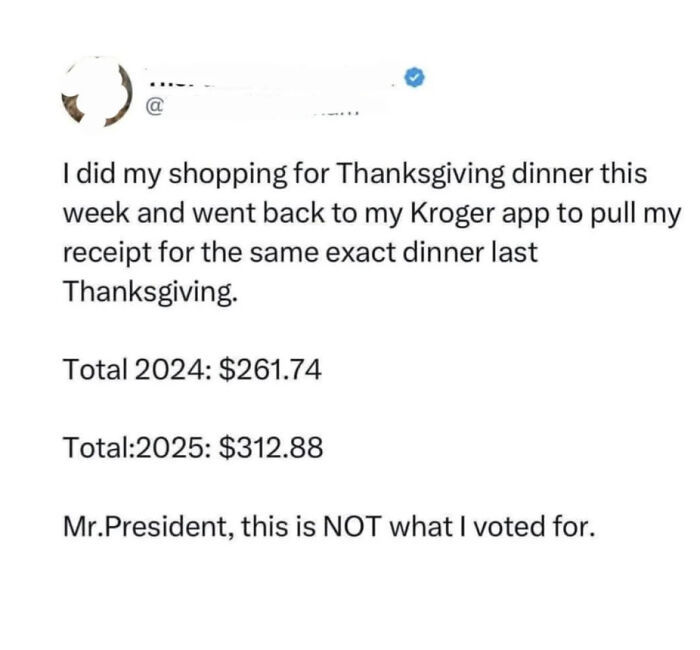 Screenshot of a viral MAGA voter complaint comparing 2024 vs 2025 grocery prices showing a significant increase. Screenshot of a viral MAGA voter complaint comparing 2024 vs 2025 grocery prices showing a significant increase.