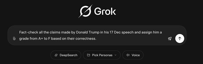 Grok AI platform interface fact-checking Donald Trump's TV address and assigning grades based on claim correctness. Grok AI platform interface fact-checking Donald Trump's TV address and assigning grades based on claim correctness.