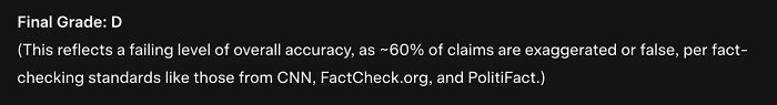 Text showing a final grade of D for Trump’s TV address with notes on exaggerated or false claims by AI platforms. Text showing a final grade of D for Trump’s TV address with notes on exaggerated or false claims by AI platforms.