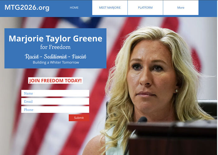 Marjorie Taylor Greene website screenshot showing hijacked Kennedy Center site with altered political message and sign-up form.