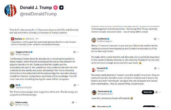 Screenshot of Donald Trump&rsquo;s tweets attacking the Kennedy family following news of JFK&rsquo;s granddaughter passing away.