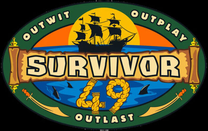 Survivor logo with a pirate ship, ocean, and the words outwit, outplay, outlast in a colorful oval design. Survivor logo with a pirate ship, ocean, and the words outwit, outplay, outlast in a colorful oval design.