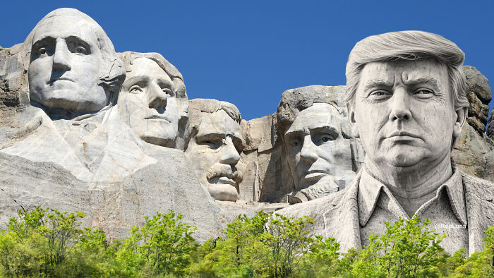 Mount Rushmore with a digitally added statue resembling Trump, highlighting renaming Kennedy Center after a beloved president.