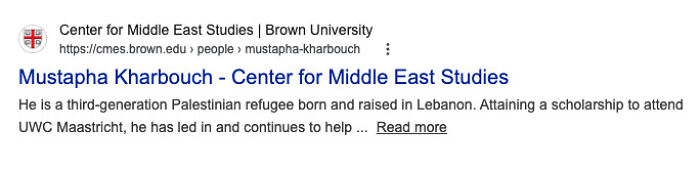Screenshot of Brown University Center for Middle East Studies webpage showing Mustapha Kharbouch student profile details.