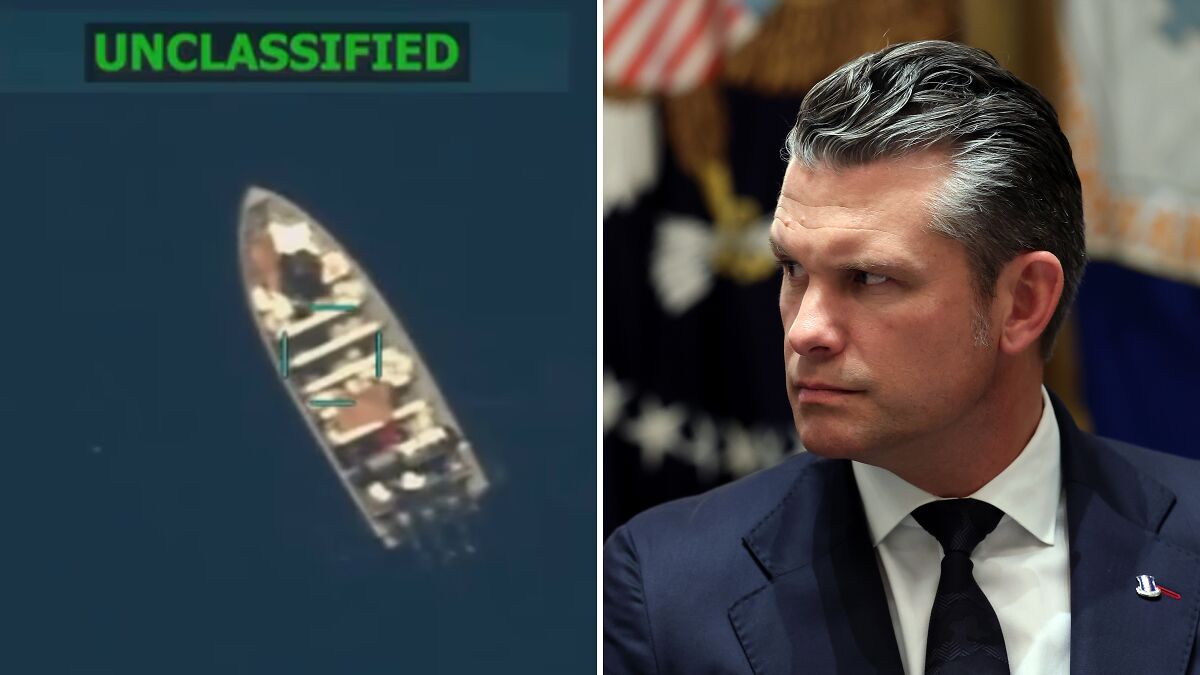 Pete Hegseth in a suit looking serious, alongside an unclassified aerial image of a boat in open water.