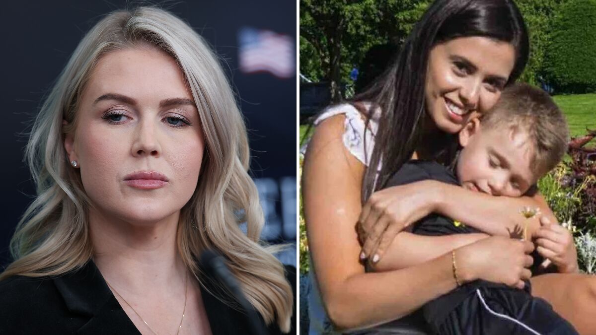Karoline Leavitt looking serious at a press event, alongside a woman hugging a young boy outdoors.