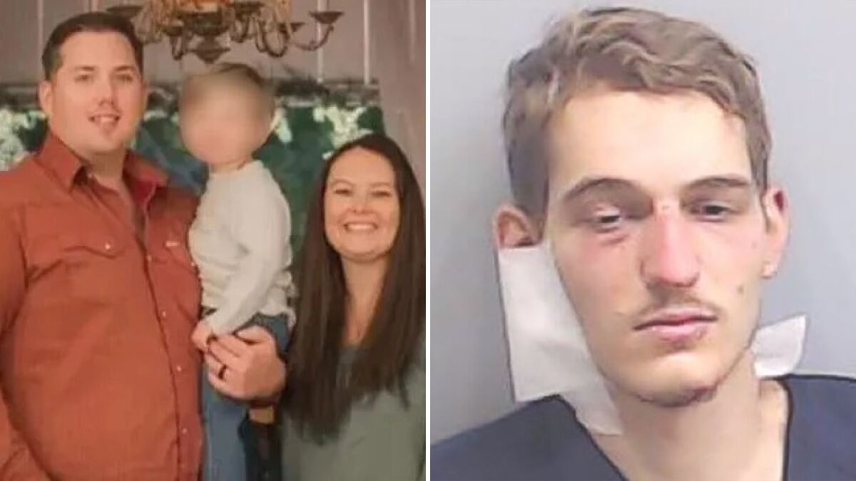 Deceased parents who were brutally attacked found with toddler cuddling shown in family and suspect mugshot photos.
