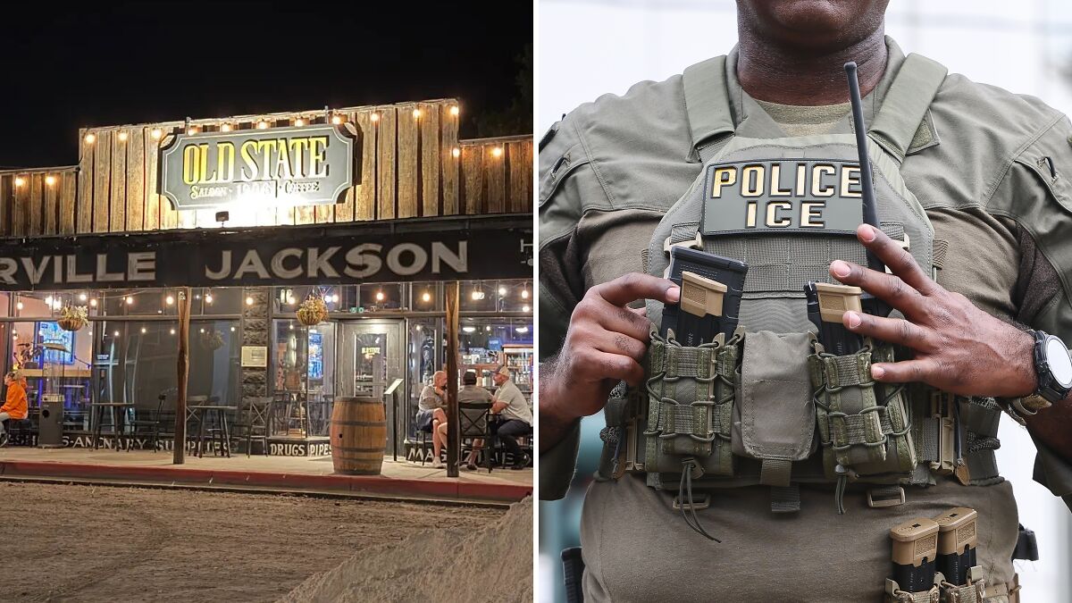 Bar exterior at night with patrons inside and close-up of ICE police officer wearing tactical vest and gear